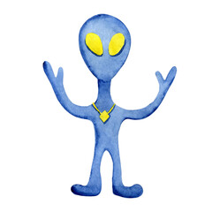 An alien, an extraterrestrial guest, greets people. Hand drawnwatercolor illustration isolated on white background. Design of children's products for boys, clipart, cover, print.