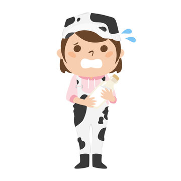牛柄のつなぎを着た女性酪農家。汗をかいて、慌てる女性のイラスト。