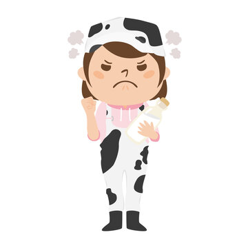 牛柄のつなぎを着た女性酪農家。怒ってる女性のイラスト。