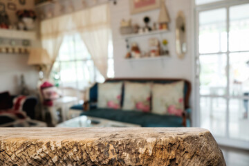 Empty wooden table space platform and blurred restaurant or coffee shop background for product display montage.