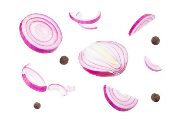 Red sliced onion isolated on white background