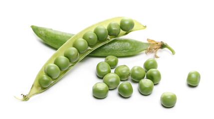 Green peas with pods isolated on white background