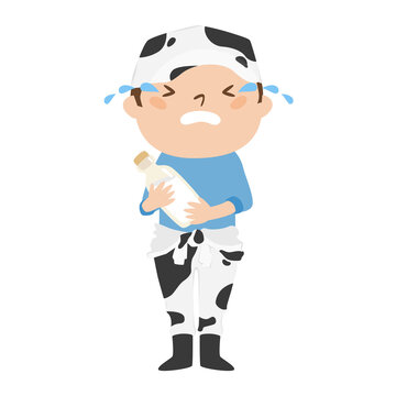 牛柄のつなぎを着た男性酪農家。悲しくて泣いてる男性のイラスト。