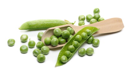 Green peas with pods and wooden spoon isolated on white background
