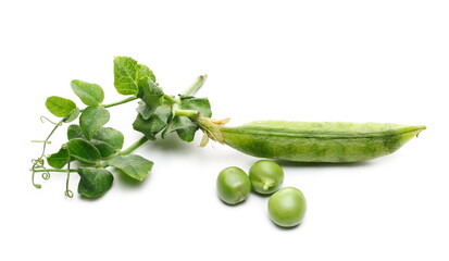 Green peas with pod and leaves isolated on white background