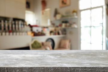 Empty wooden table space platform and blurred restaurant or coffee shop background for product display montage.