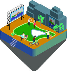People are relaxing, reading a book, cycling, exercising in park surrounding with LED monitor, building, and trees. The picture is an isometric style.