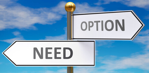 Need and option as different choices in life - pictured as words Need, option on road signs pointing at opposite ways to show that these are alternative options., 3d illustration