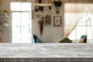 Empty wooden table space platform and blurred restaurant or coffee shop background for product display montage.
