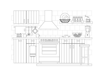 Kitchen interior, vector illustration in line art style