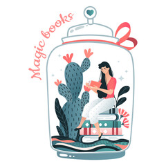 Magic book flask bank, female character sitting and read volume isolated on white, flat vector illustration. Tiny woman recite folio in eco green natural place, glass potted cactus leaf.