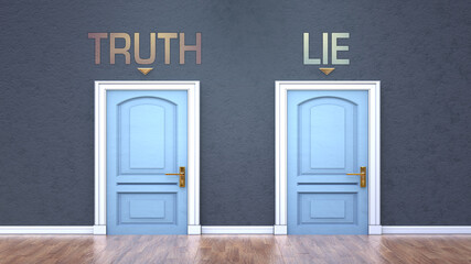 Obraz na płótnie Canvas Truth and lie as a choice - pictured as words Truth, lie on doors to show that Truth and lie are opposite options while making decision, 3d illustration