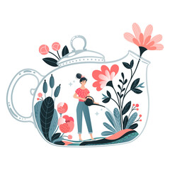 Tiny woman character watering house plant, magic flask bank area isolated on white, flat vector illustration. Ecology activist care natural eco green place, glass potted blossom flower.