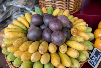 Fresh exotic fruits in Mercado Dos Lavradores. Funchal, Madeira, Portugal