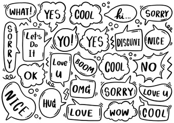 0110 hand drawn background Set of cute speech bubble eith text in doodle style
