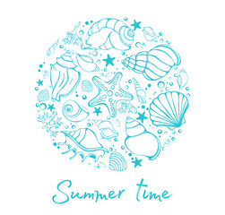 Hand round frame of sea shells and stars. Vector marine illustration. Set of beautiful seashells in circle. Postcard for you.