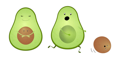 Cute illustration of two green avocados isolated on white, illustration for flash message, graphic app design - success (avocado holding a pit) and when something went wrong or error - pit fell out