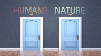 Humans and nature as a choice - pictured as words Humans, nature on doors to show that Humans and nature are opposite options while making decision, 3d illustration