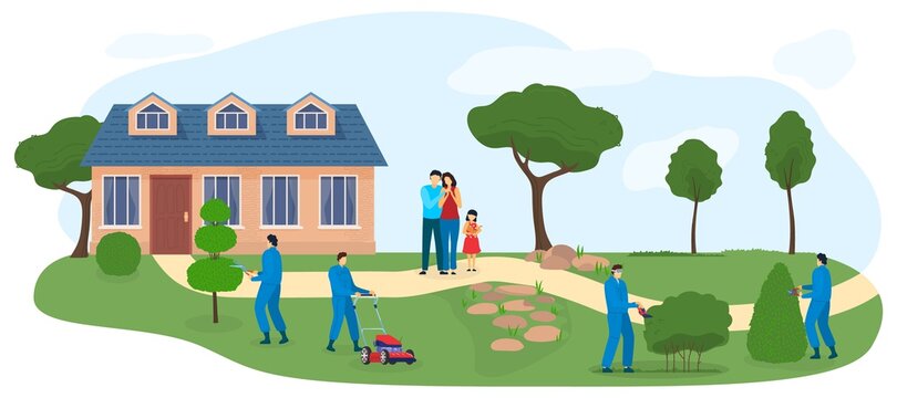 Garden vector illustration. Cartoon flat gardener workers people working in backyard, trimming green tree shrub with shears for gardening and landscape design, house for happy family isolated on white