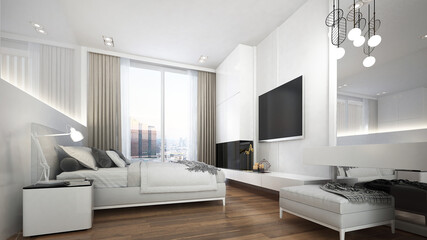 Modern interior design indoor of bedroom and  sideboard and chest of drawer