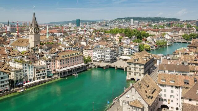 River Limmat and panorama of old town Zurich, Switzerland. Time lapse video.