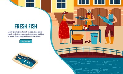 Street food fish stall web banner vector illustration with gipertrof people buying fresh fish from kiosk counter. Seafood store outdoor on city street, fishmarket, products from fishman.
