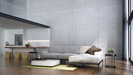 Modern cozy interior design indoor of double space living and  dining room and pantry and concrete wall background