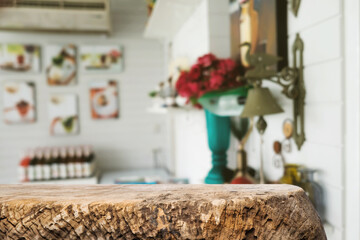 Empty wooden table space platform and blurred restaurant or coffee shop background for product display montage.