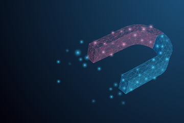Futuristic glowing low polygonal hourseshoe shaped magnet made of stars, lines, dots, triangles isolated on dark blue background. Technology and physics concept. Modern wireframe vector illustration.