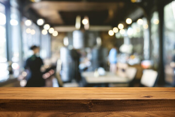 Empty wooden table space platform and blurred restaurant or coffee shop background for product display montage.