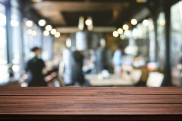 Empty wooden table space platform and blurred restaurant or coffee shop background for product display montage.