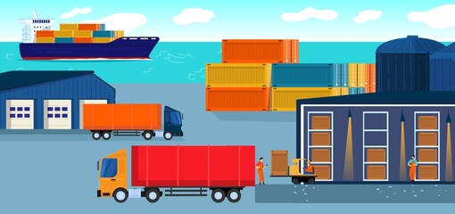 Warehouse logistic vector illustration. Cartoon flat worker people working in storehouse, loading packages boxes in courier truck, ship shipping goods, warehousing delivery cargo service background