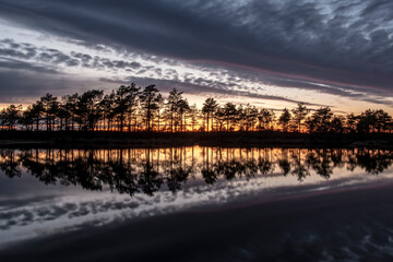 Fototapeta premium stunningly beautiful view of the evening sky over a forest lake
