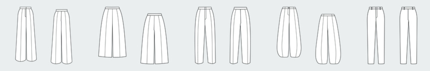 Pants, trousers. Set of female vector templates isolated on a grey background. Front and back view. Outline fashion technical sketch of clothes model.