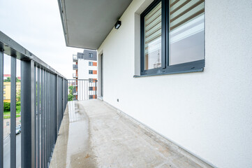 Classic balcony, real estate photo, wide angle.