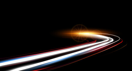 Illustration of dynamic lights speed vector road in night time. Long exposure car light trails in road tunnel.