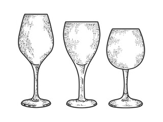 wine glasses set sketch engraving vector illustration. T-shirt apparel print design. Scratch board imitation. Black and white hand drawn image.