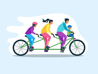 tandem family, bike, together, flat vector, sport