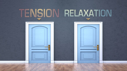 Tension and relaxation as a choice - pictured as words Tension, relaxation on doors to show that Tension and relaxation are opposite options while making decision, 3d illustration