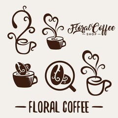 Floral coffee shop logo template natural abstract coffee cup with steam coffee house emblem creative cafe logotype modern trendy symbol design vector illustration