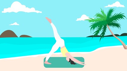 Illustration of a girl doing yoga at the beach. Vector image, eps 10