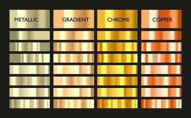 Metal gradient. Color set. Metallic collection. Gold, silver, pearl, bronze palette. Color collection. Steel, aluminium, tin. Holographic background. Chrome texture. Chromium polish effect.