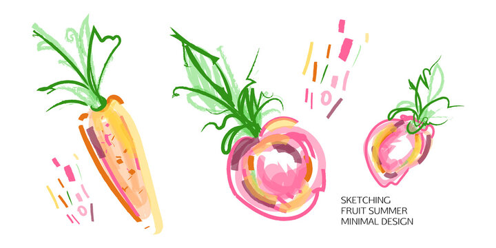 Set of creative universal doodles fruits on a white background isolated in bold art color. Fun design elements with marker and ink textures vector graphics
