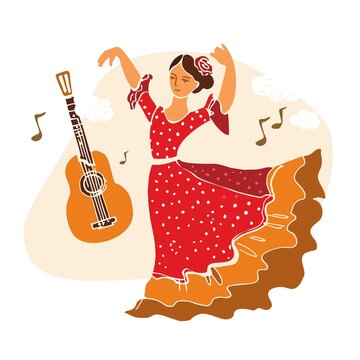 Girl dancer in a red dress in a dance pose with a guitar, notes on a white background hand dawn in a flat style. Poster, invitation to the flamenco festival. Banner dance party. Vector illustration.