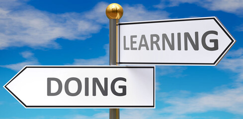 Doing and learning as different choices in life - pictured as words Doing, learning on road signs pointing at opposite ways to show that these are alternative options., 3d illustration