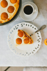 Summer apricot pie homemade delicious fruit dessert. Apricot tart. Fruit pie. French pastries.