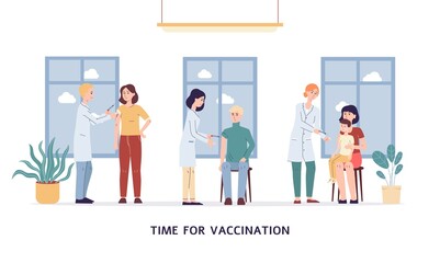 Time for vaccination banner with doctors giving vaccine to patients