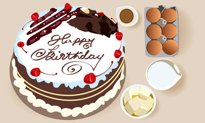 Birthday cake with writing from above with ingredients. Baking at Home Flat Vector Illustration.