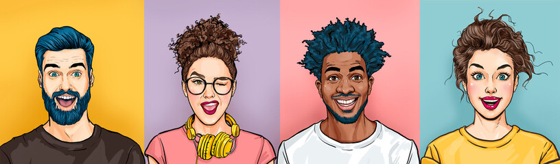 Cheerful smiling people has excited expression, dresssed casually, celebrates  something. Amazed  happy men and women. Portrait of diverse mixed race human being in good mood. - 358506594