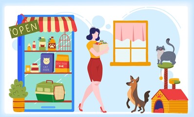 Pet shop flat vector illustration. Cartoon woman pet owner character shopping and buying food, care product vet accessories and toy for dog or cat animal in petshop retail store isolated on white